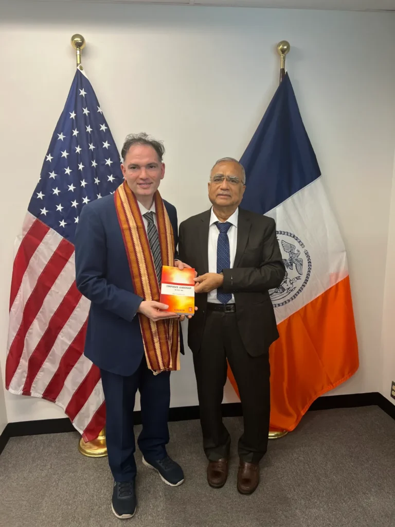 Presenting the book “Corporate Leadership-The Vedic Way” to Mr. Dilip Chauhan, the Deputy Commissioner - International Affairs - Office of the Mayor of New York at his office at UN Plaza, New York