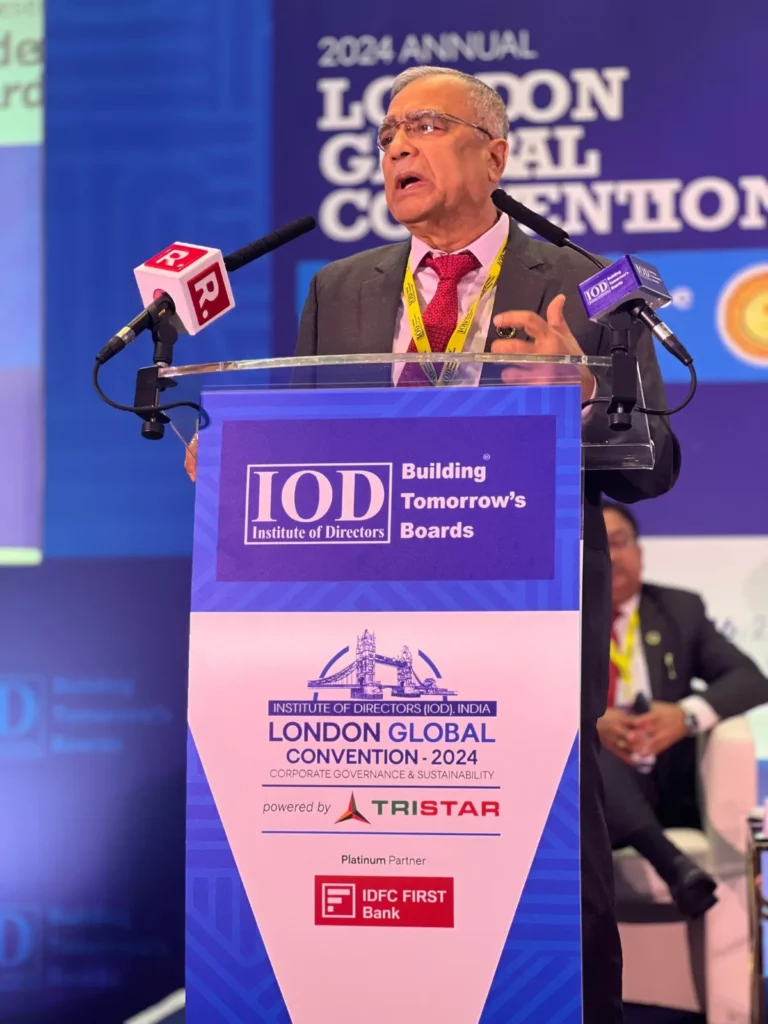 Our Chairman & Director, Prof. (Dr.) R. P. Banerjee speaking at the 2024 Annual London Global Convention on the theme "Board's Strategy for a Secure Future and Turning Disruptions into Opportunities" organised by the Institute of Directors, India (IOD) during 13th-16th Novermber'24