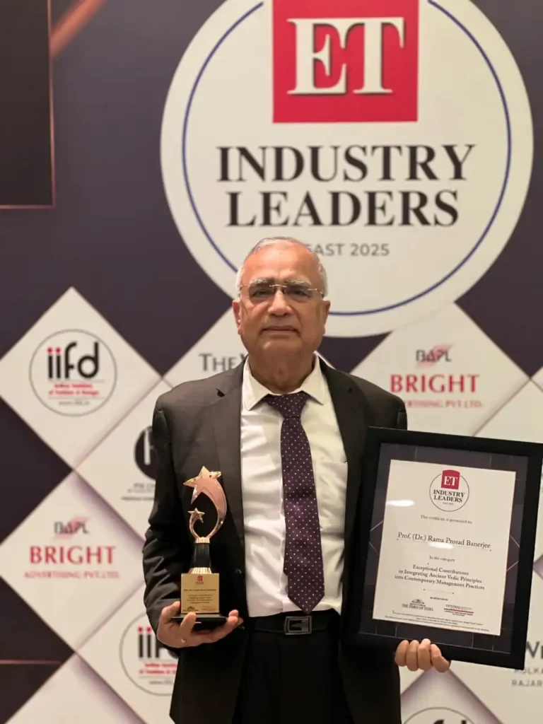 Prof. (Dr.) R. P. Banerjee received the ET Industry Leaders East 2025 award for his "Exceptional Contributions in Integrating Ancient Vedic Principles into Contemporary Management Practices"